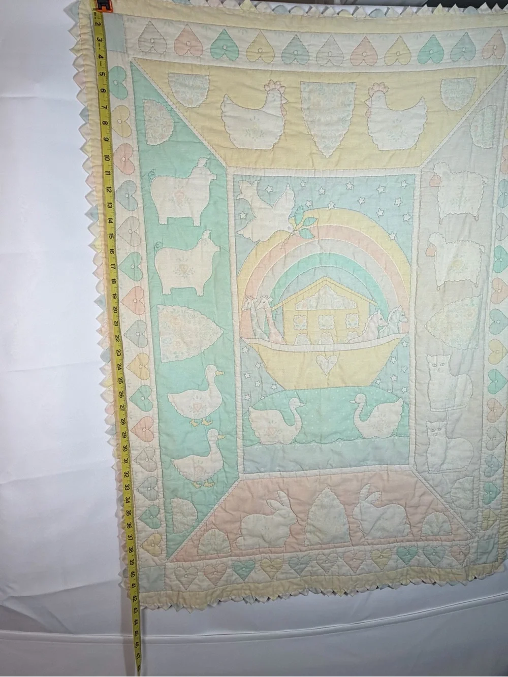 Vintage Noahs Ark Baby Crib Blanket Quilt Pastel Animals Hearts Ruffle Border